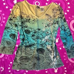 Y2K Ombré Blue Earth Tone Mid Sleeve Florall Sequin Mid Sleeve V Neck Blouse